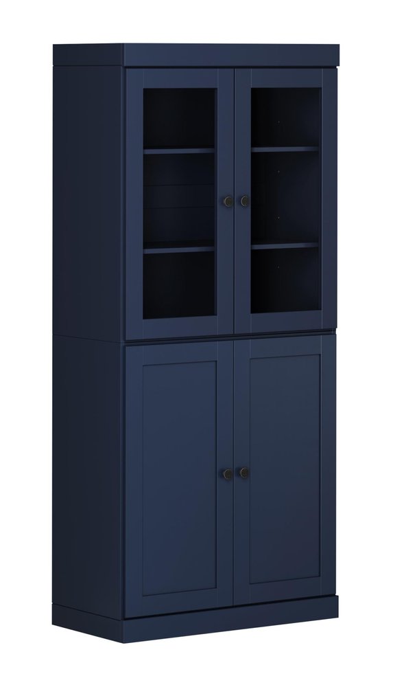72" Navy Blue Solid Wood Adjustable Six Tier Library Bookcase with Four Doors