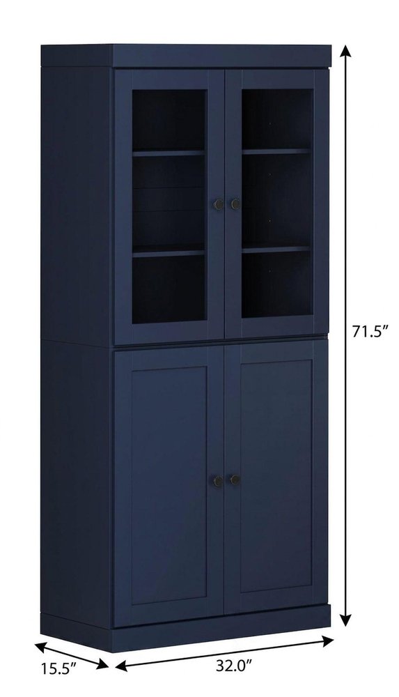 72" Navy Blue Solid Wood Adjustable Six Tier Library Bookcase with Four Doors