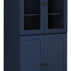72" Navy Blue Solid Wood Adjustable Six Tier Library Bookcase with Four Doors