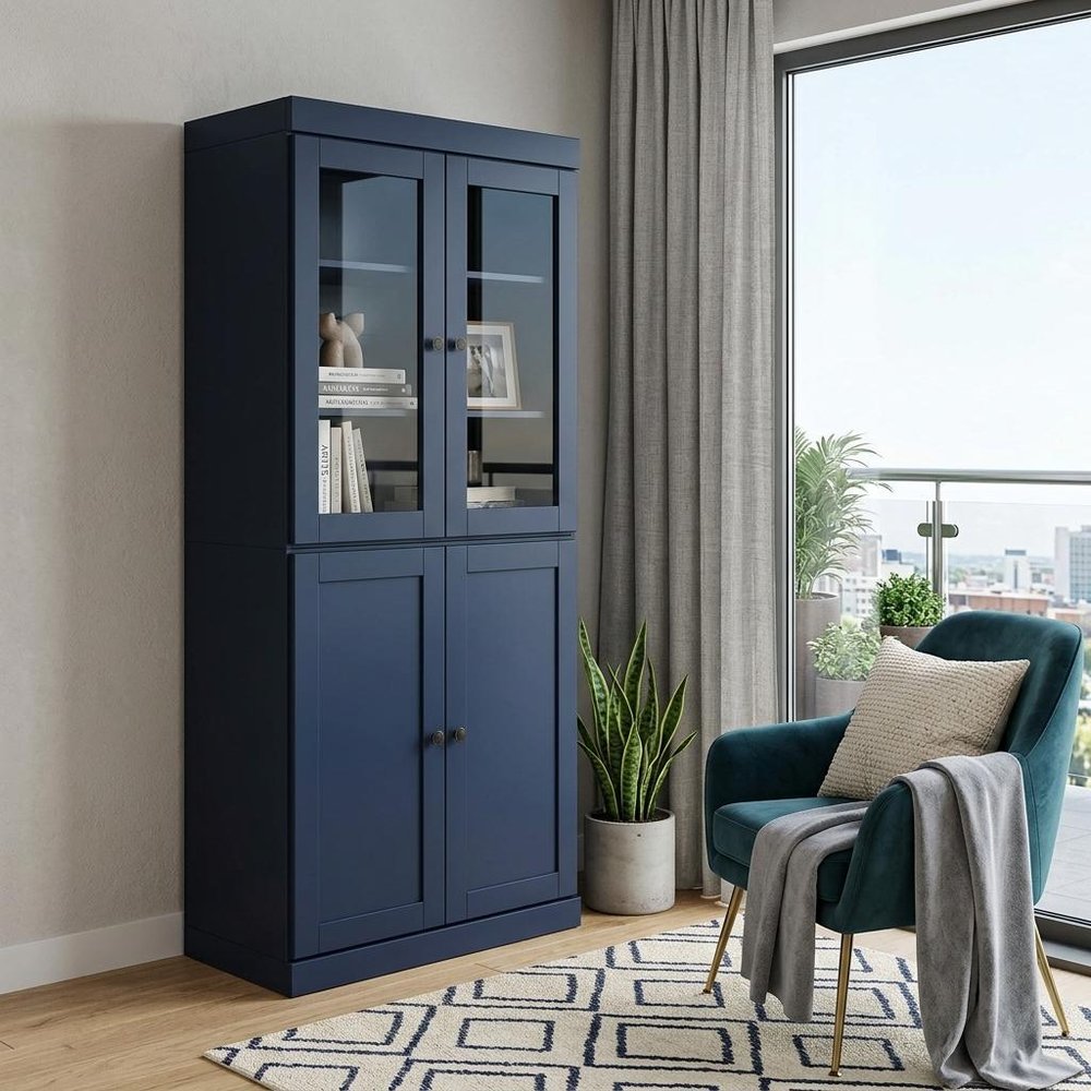 72" Navy Blue Solid Wood Adjustable Six Tier Library Bookcase with Four Doors