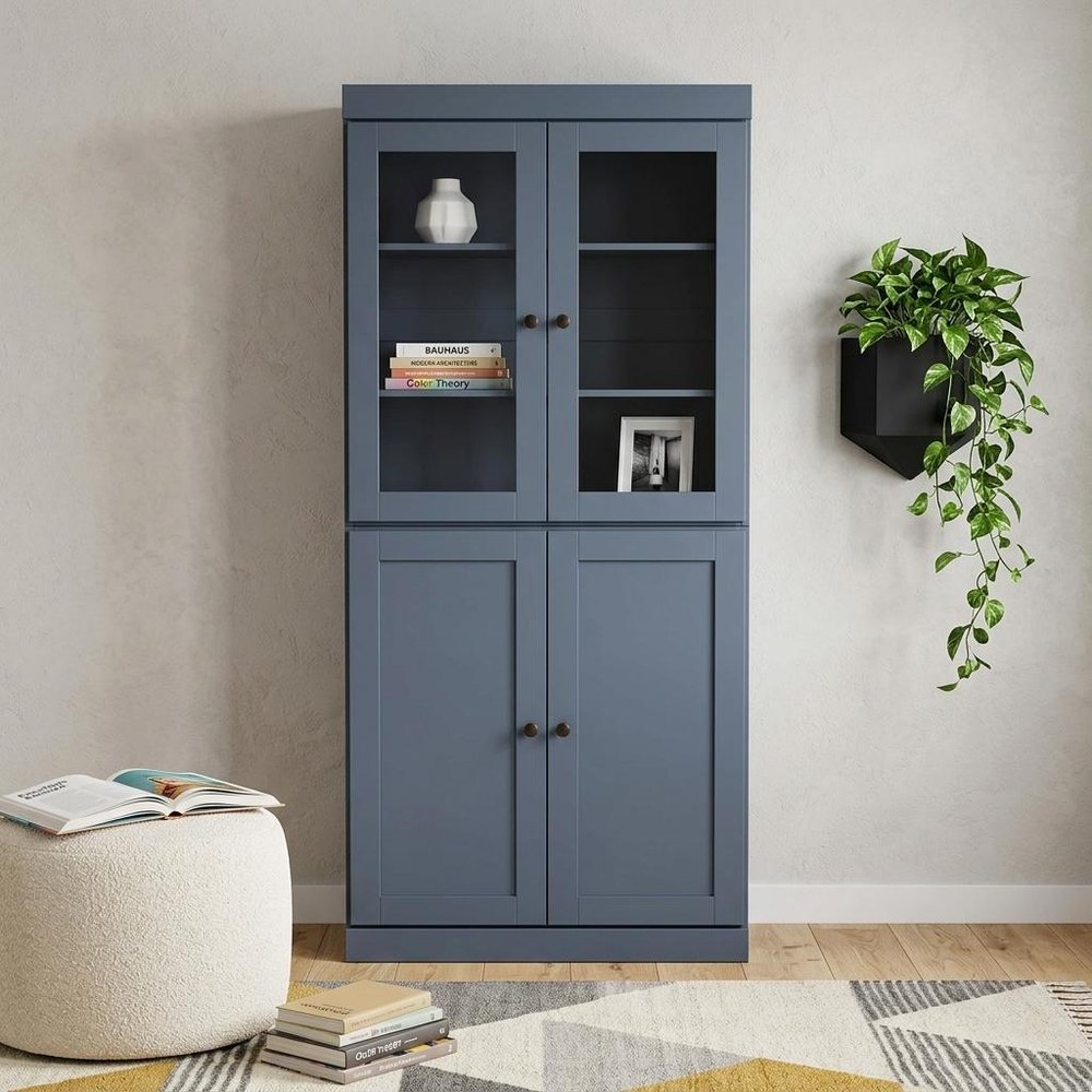 72" French Blue Solid Wood Adjustable Six Tier Library Bookcase with Four Doors