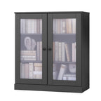 36" Gray Solid Wood Adjustable Three Tier Library Bookcase with Two Doors