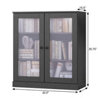 36" Gray Solid Wood Adjustable Three Tier Library Bookcase with Two Doors