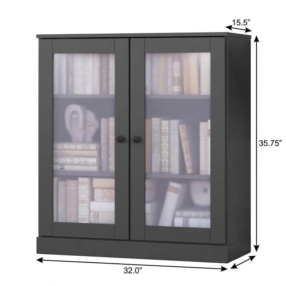 36" Gray Solid Wood Adjustable Three Tier Library Bookcase with Two Doors