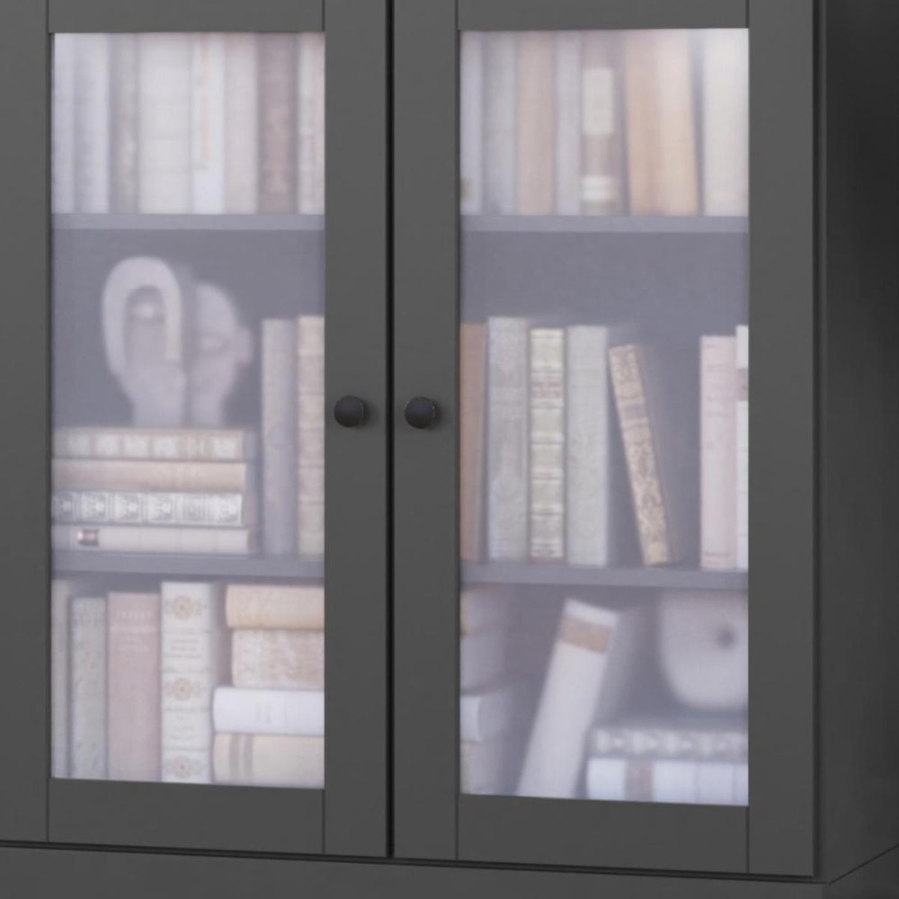 36" Gray Solid Wood Adjustable Three Tier Library Bookcase with Two Doors