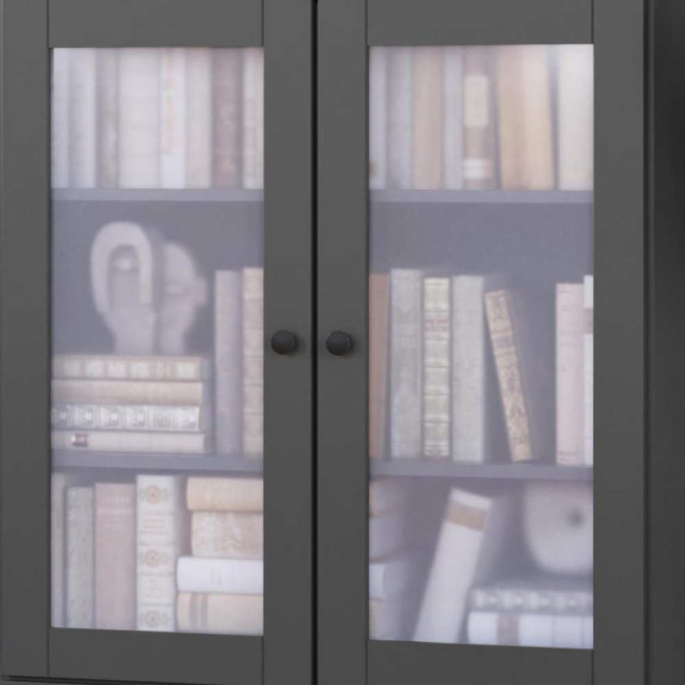 36" Gray Solid Wood Adjustable Three Tier Library Bookcase with Two Doors