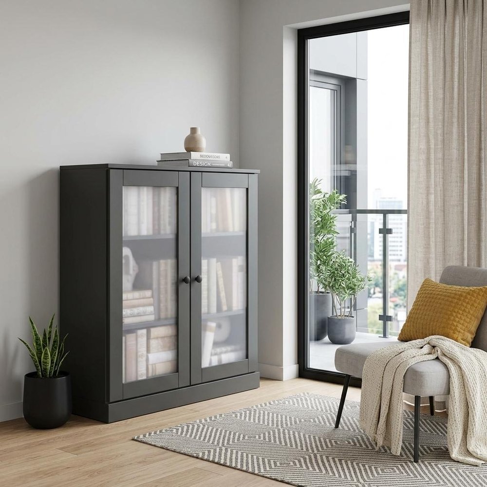 36" Gray Solid Wood Adjustable Three Tier Library Bookcase with Two Doors