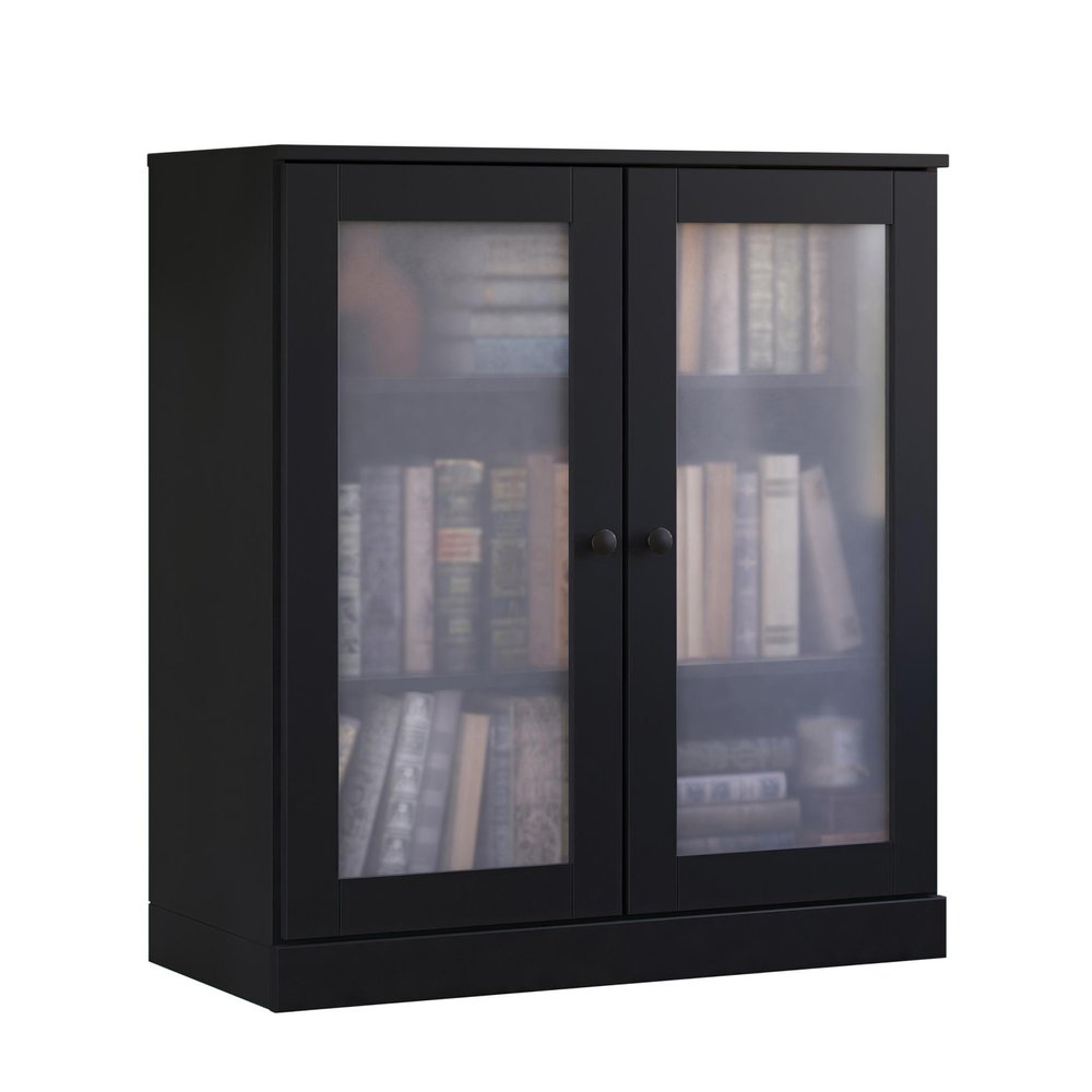36" Black Solid Wood Adjustable Three Tier Library Bookcase with Two Doors