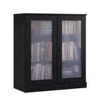 36" Black Solid Wood Adjustable Three Tier Library Bookcase with Two Doors