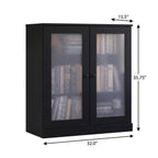 36" Black Solid Wood Adjustable Three Tier Library Bookcase with Two Doors