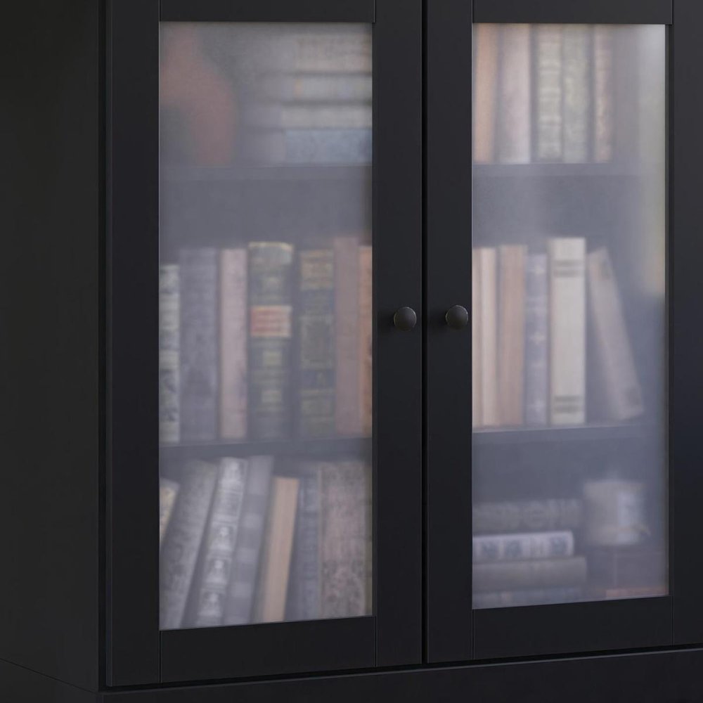 36" Black Solid Wood Adjustable Three Tier Library Bookcase with Two Doors