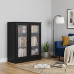 36" Black Solid Wood Adjustable Three Tier Library Bookcase with Two Doors
