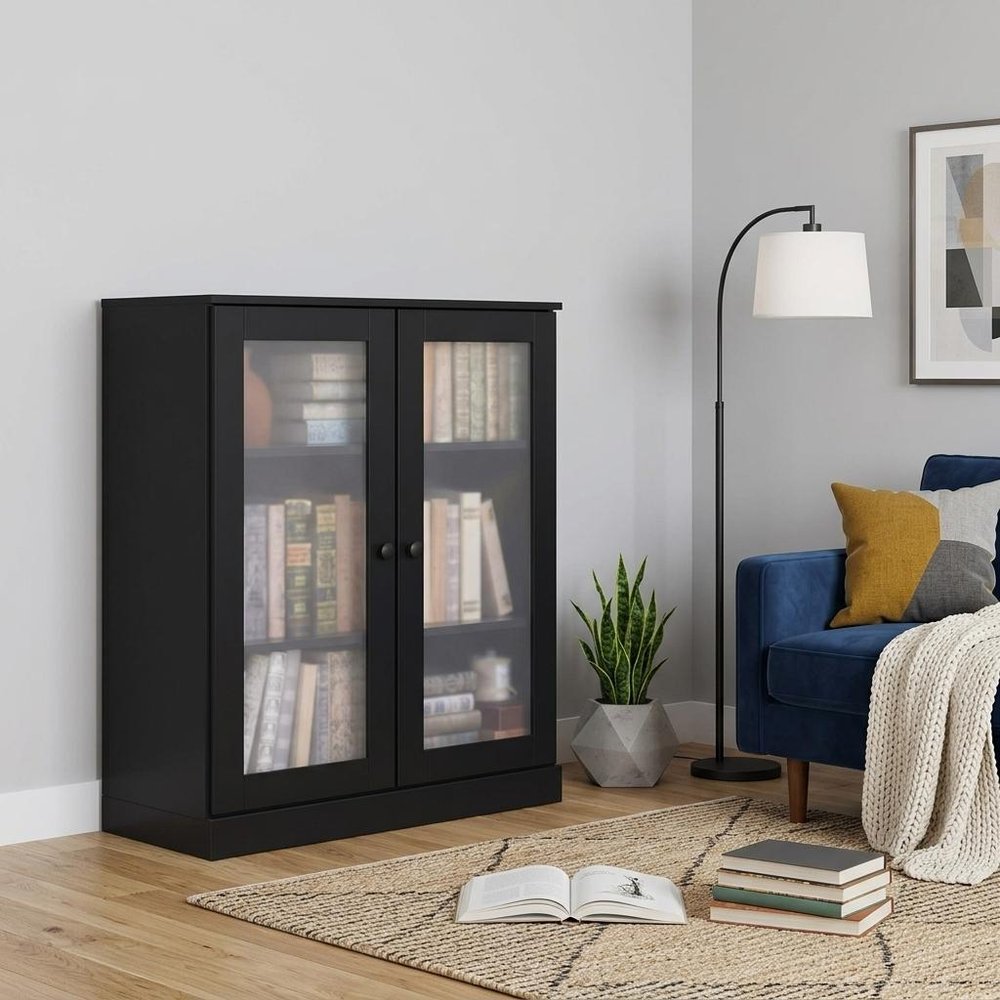36" Black Solid Wood Adjustable Three Tier Library Bookcase with Two Doors