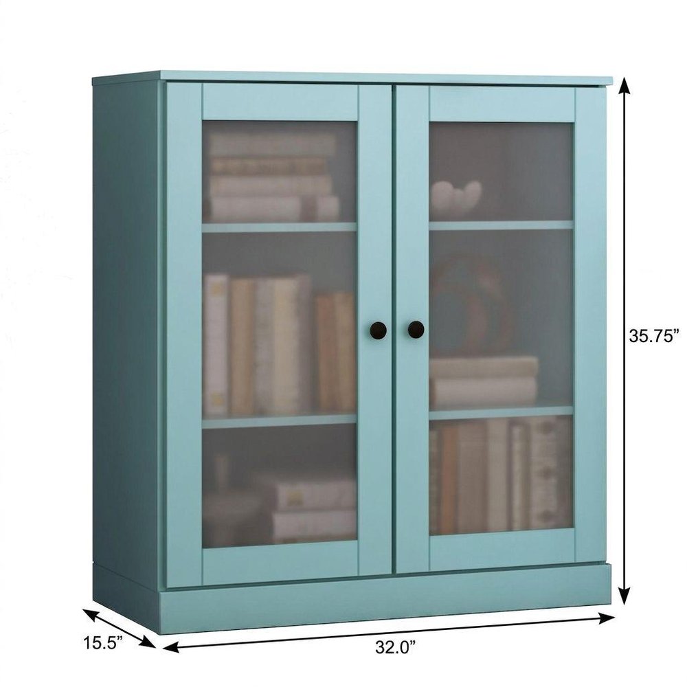 36" Aqua Solid Wood Adjustable Three Tier Library Bookcase with Two Doors