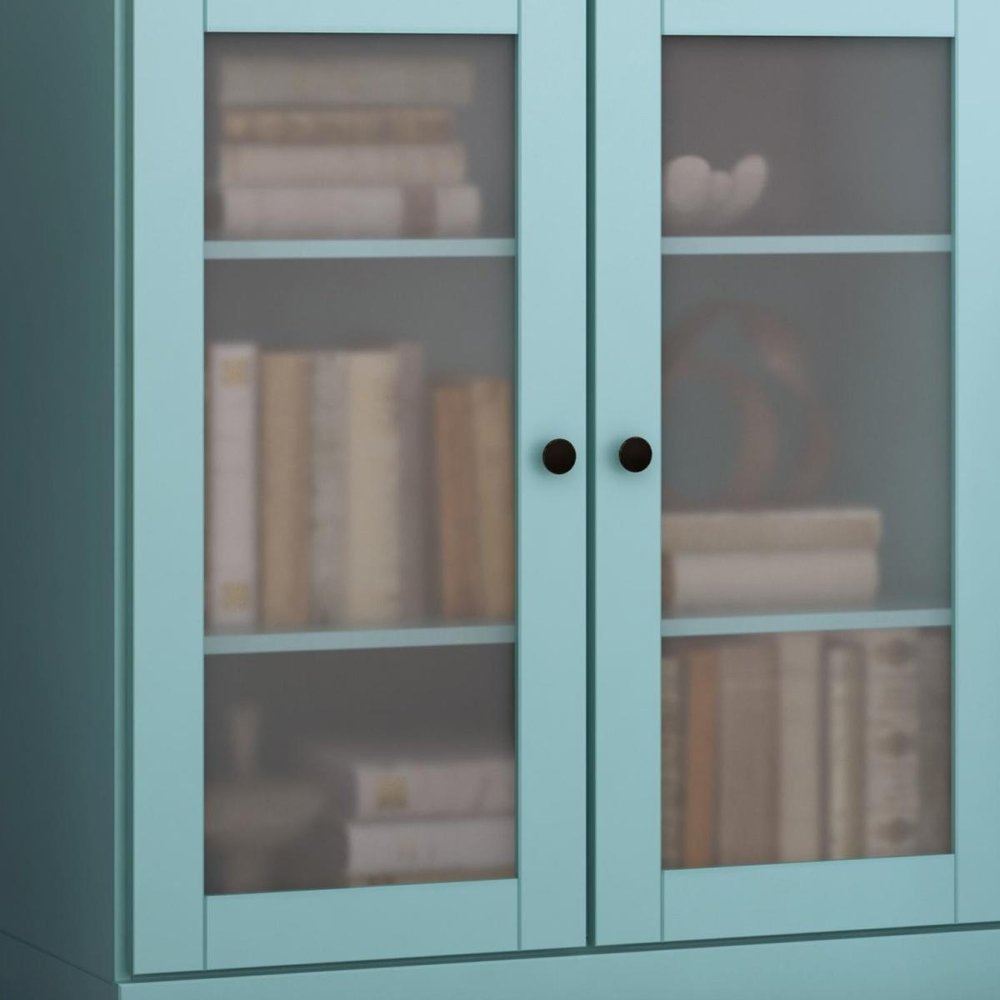 36" Aqua Solid Wood Adjustable Three Tier Library Bookcase with Two Doors