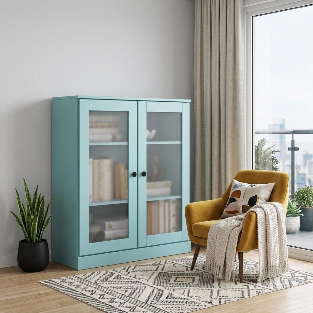 36" Aqua Solid Wood Adjustable Three Tier Library Bookcase with Two Doors