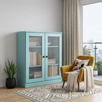 36" Aqua Solid Wood Adjustable Three Tier Library Bookcase with Two Doors