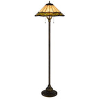 62" Bronze Metal Two Light Floor Lamp With Bone Green And Orange Abstract Tiffany Glass Empire Shade