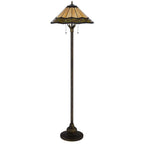 62" Bronze Metal Two Light Floor Lamp With Bone Green And Orange Abstract Tiffany Glass Empire Shade