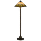 62" Bronze Metal Two Light Floor Lamp With Bone Green And Orange Abstract Tiffany Glass Empire Shade