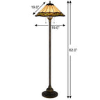 62" Bronze Metal Two Light Floor Lamp With Bone Green And Orange Abstract Tiffany Glass Empire Shade