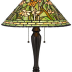 24" Bronze Flowers Two Light Round Tiffany Lamp With Dome Shade