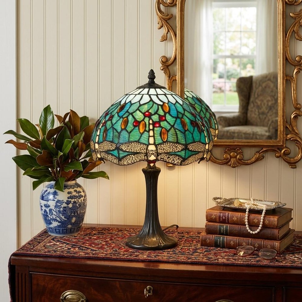 20" Bronze Dragonfly Round Animals Tiffany Lamp With Dome Shade