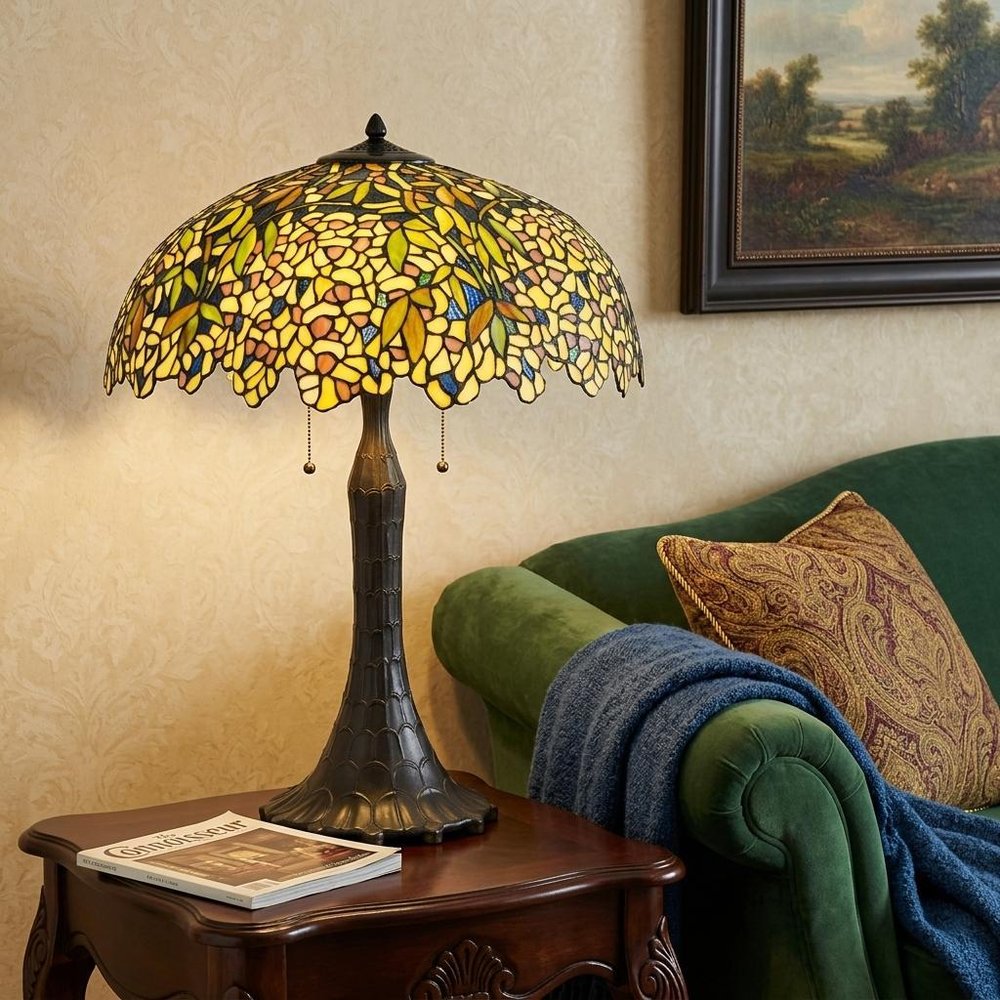 29" Bronze Abstract Two Light Round Tiffany Lamp With Dome Shade