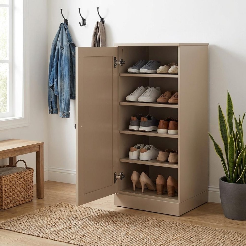 Beige Ten Pair Solid WoodShoe Storage Cabinet