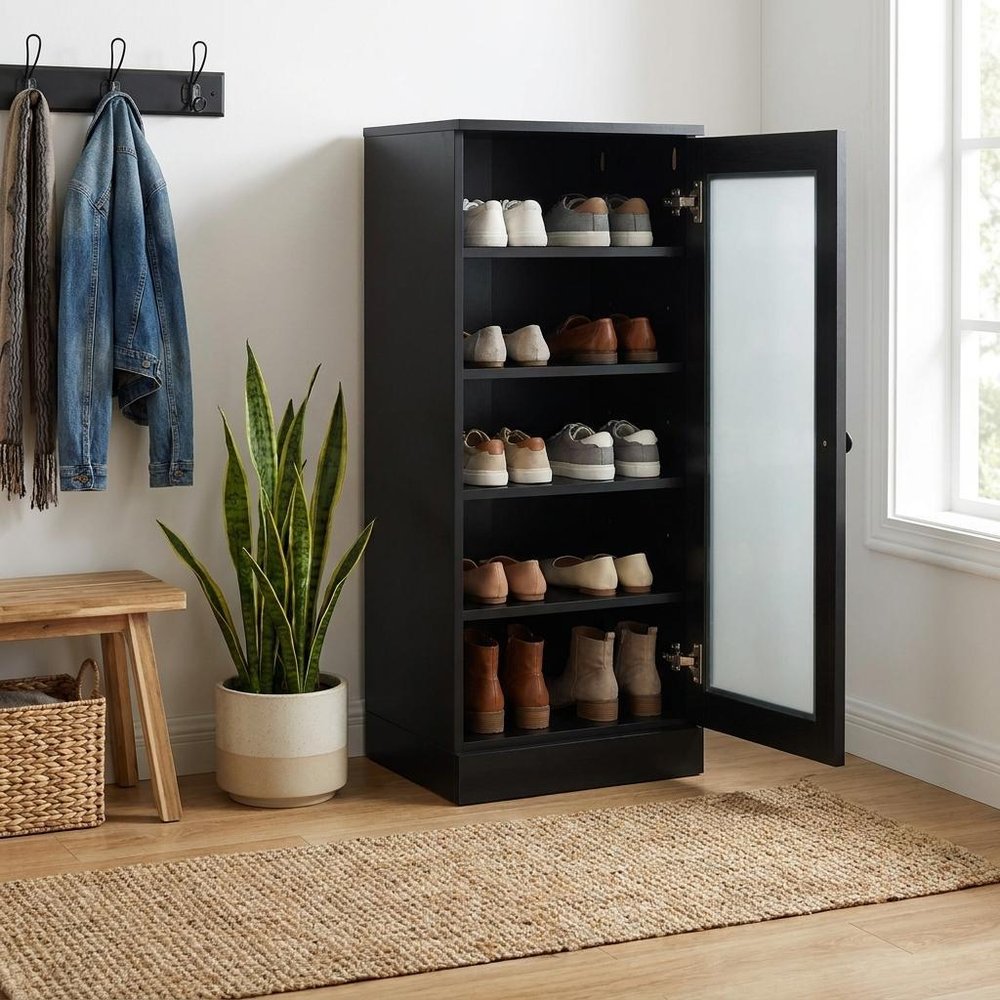 Black Ten Pair Solid WoodShoe Storage Cabinet
