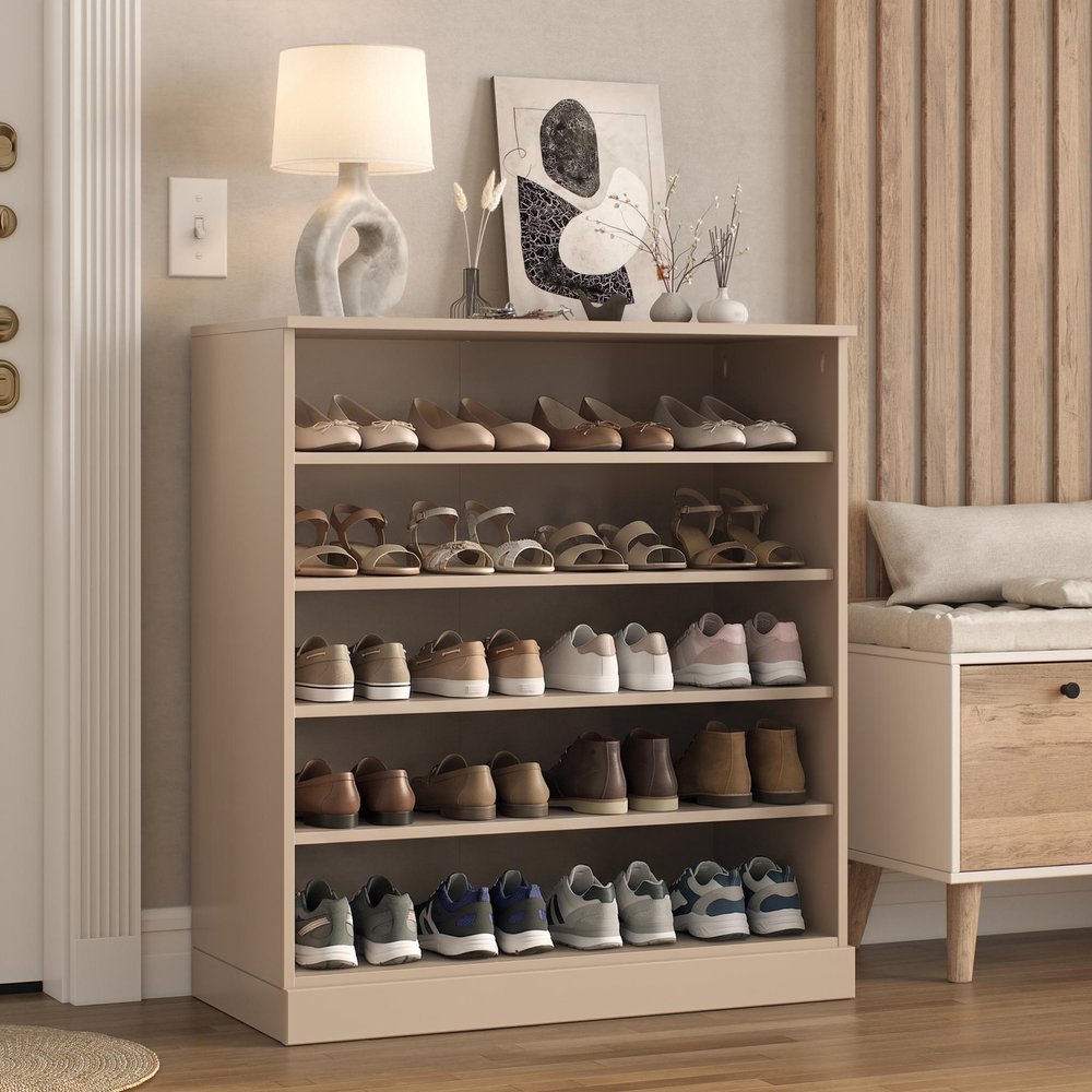 Beige Twenty Pair Solid WoodShoe Storage Cabinet