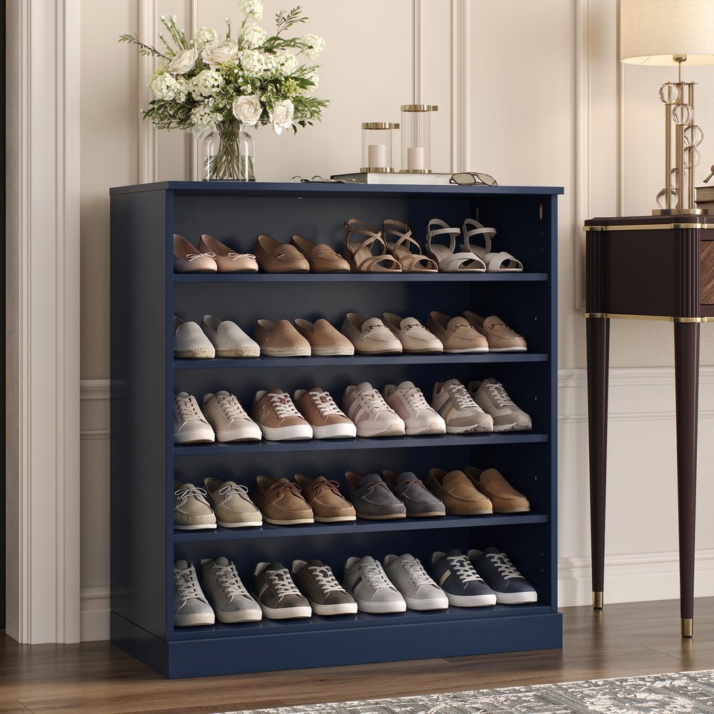 Navy Blue Twenty Pair Solid WoodShoe Storage Cabinet