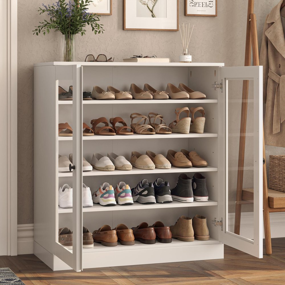White Twenty Pair Solid WoodShoe Storage Cabinet