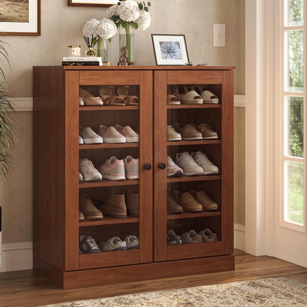 Coffee Twenty Pair Solid WoodShoe Storage Cabinet