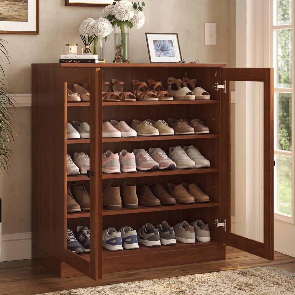 Coffee Twenty Pair Solid WoodShoe Storage Cabinet