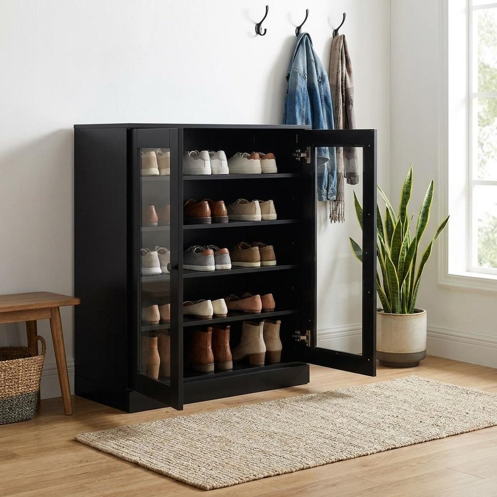 Black Twenty Pair Solid WoodShoe Storage Cabinet