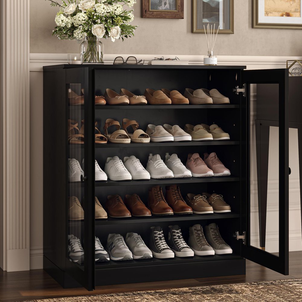Black Twenty Pair Solid WoodShoe Storage Cabinet