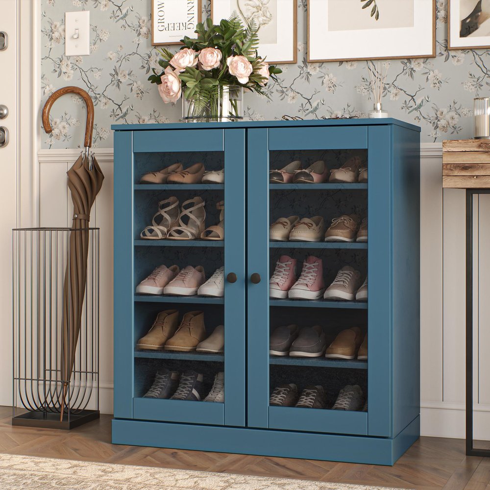 Teal Blue Twenty Pair Solid WoodShoe Storage Cabinet