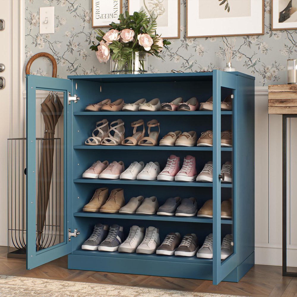 Teal Blue Twenty Pair Solid WoodShoe Storage Cabinet