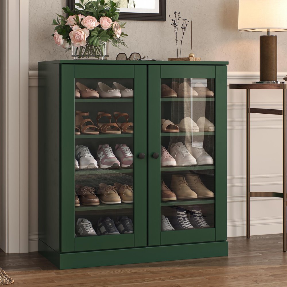 Green Twenty Pair Solid WoodShoe Storage Cabinet