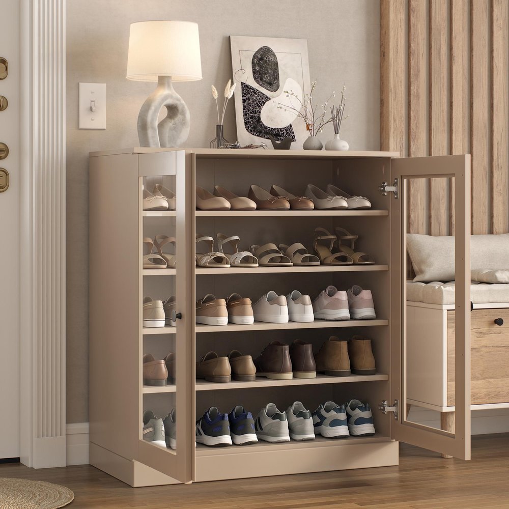 Beige Twenty Pair Solid WoodShoe Storage Cabinet