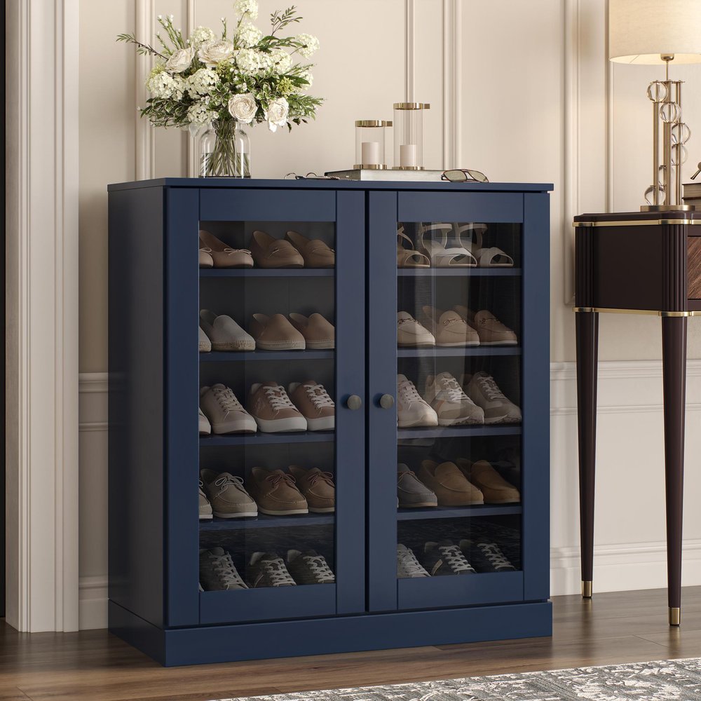 Navy Blue Twenty Pair Solid WoodShoe Storage Cabinet