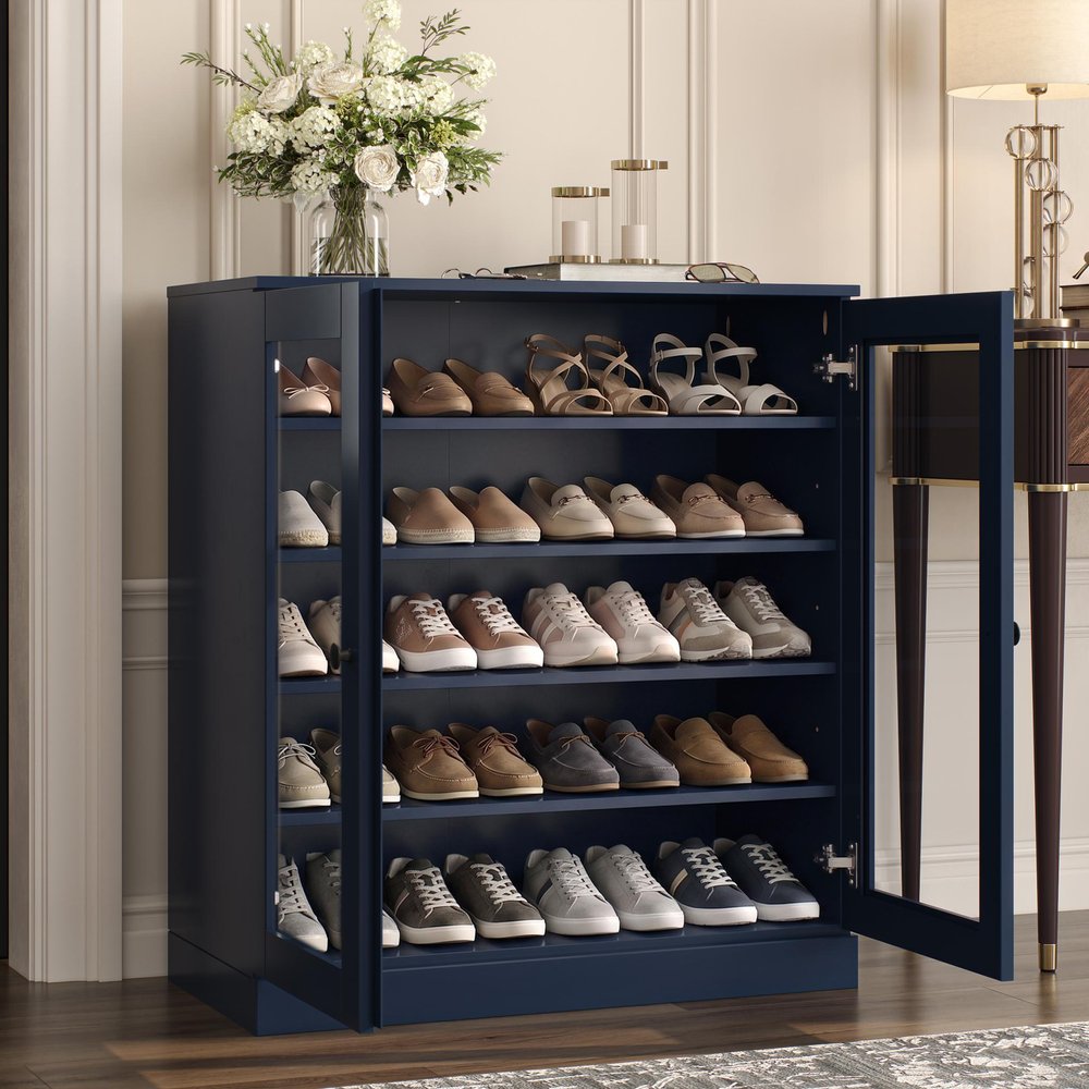 Navy Blue Twenty Pair Solid WoodShoe Storage Cabinet
