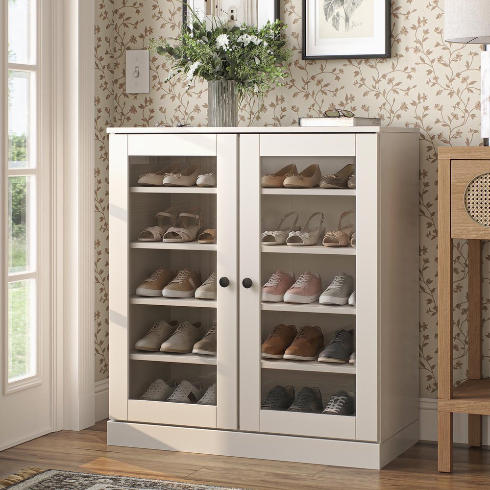 Off White Twenty Pair Solid WoodShoe Storage Cabinet