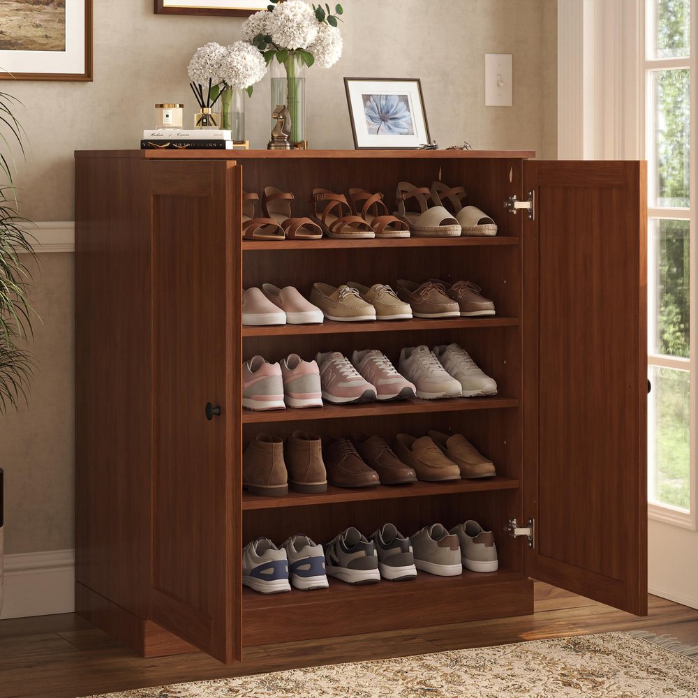 Coffee Twenty Pair Solid WoodShoe Storage Cabinet
