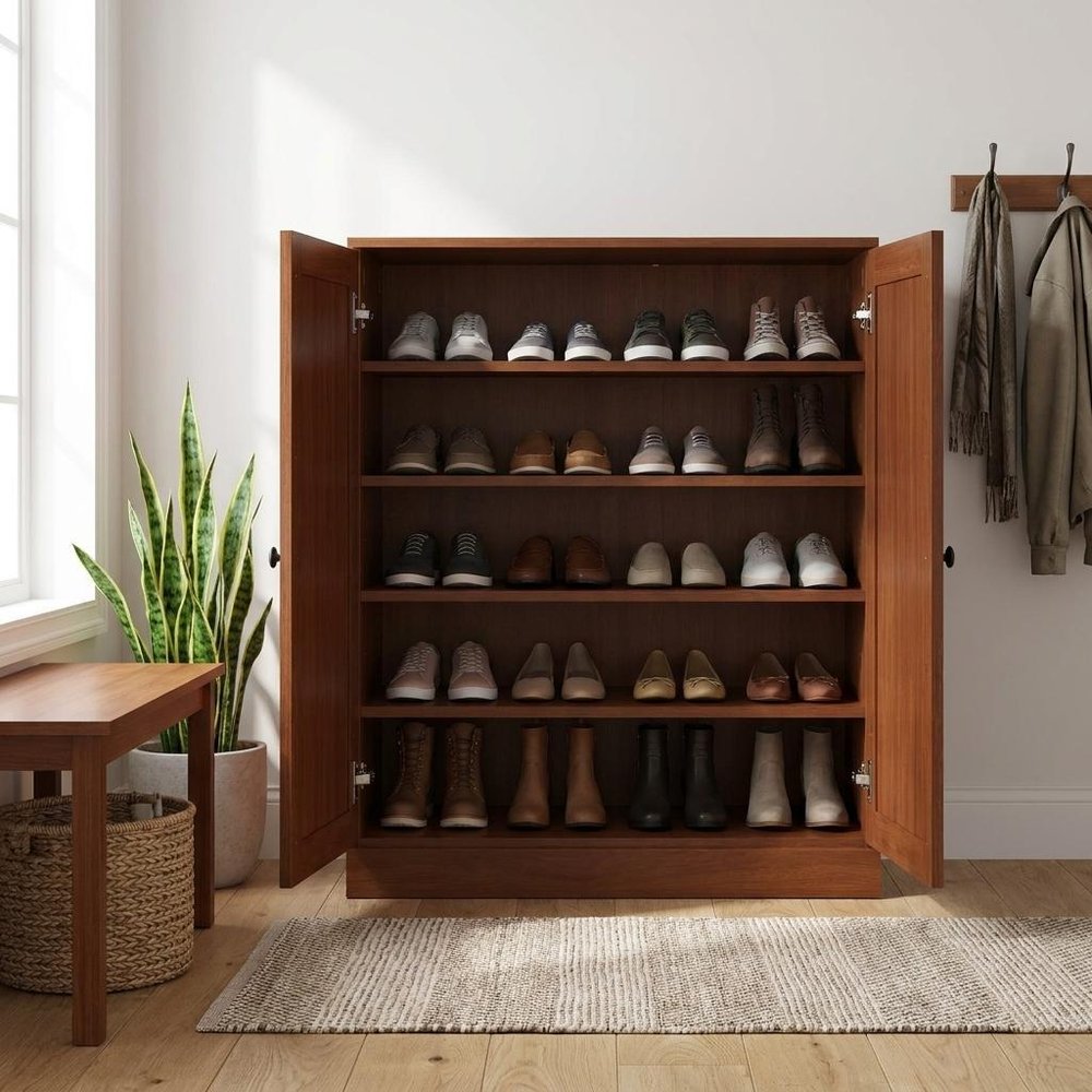 Coffee Twenty Pair Solid WoodShoe Storage Cabinet