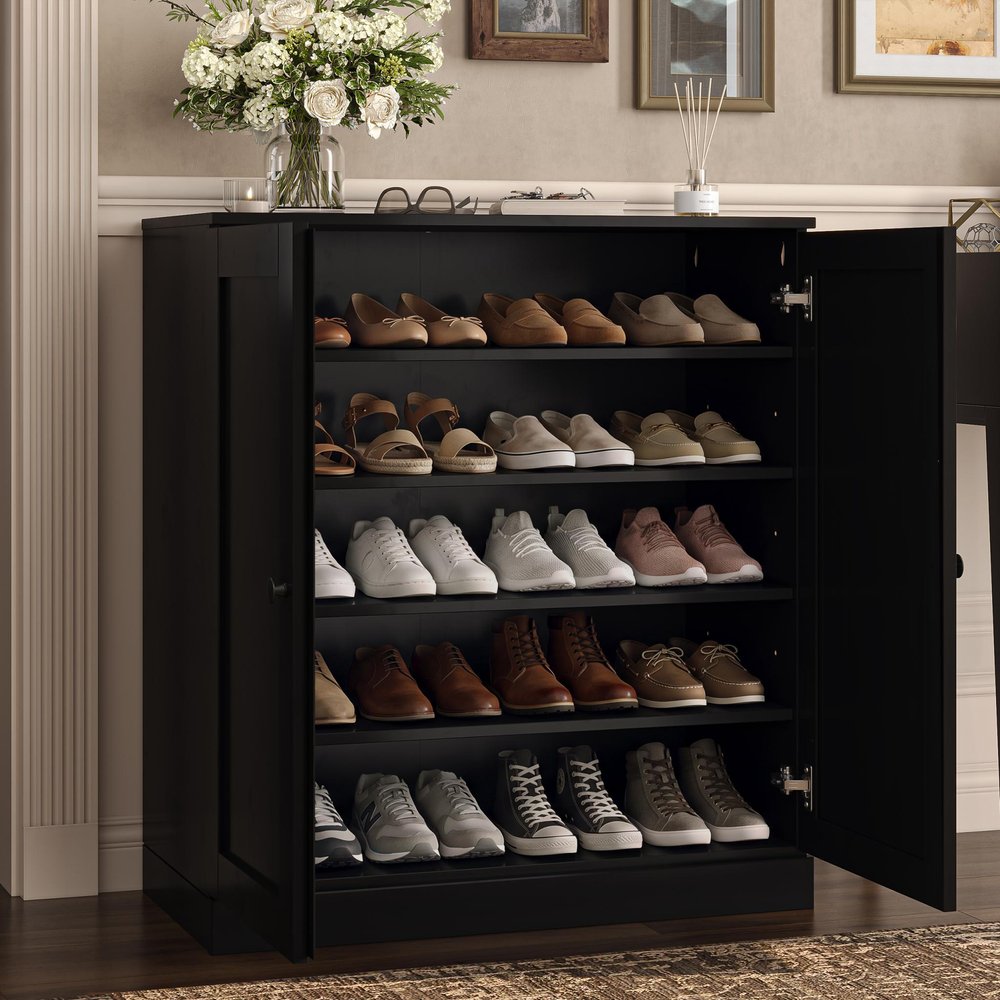 Black Twenty Pair Solid WoodShoe Storage Cabinet