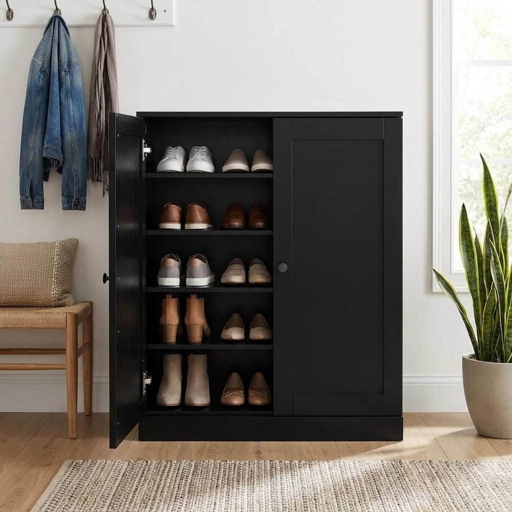 Black Twenty Pair Solid WoodShoe Storage Cabinet