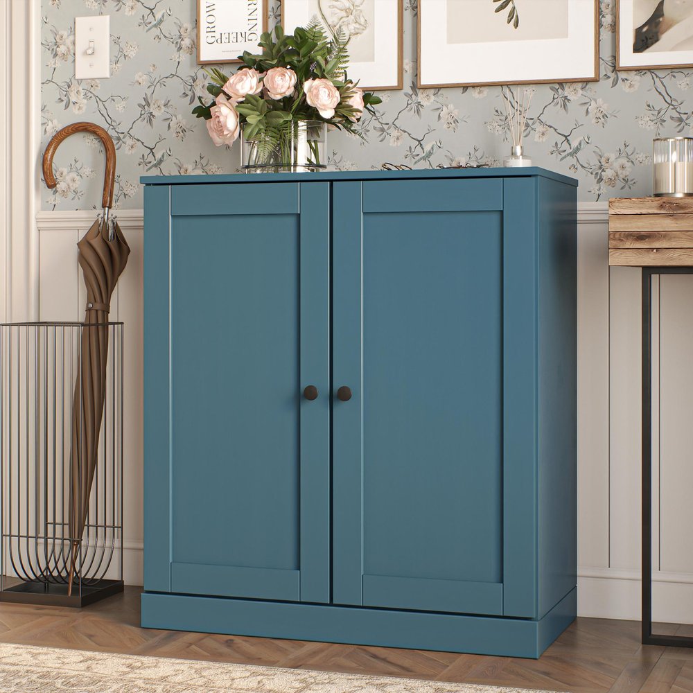 Teal Blue Twenty Pair Solid WoodShoe Storage Cabinet