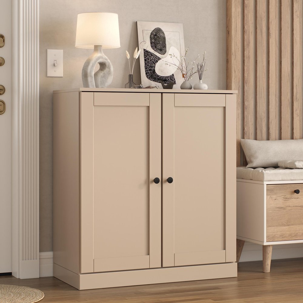 Beige Twenty Pair Solid WoodShoe Storage Cabinet